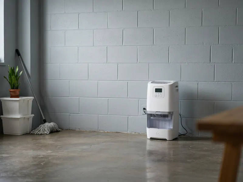 Dehumidifier running in a clean, dry basement