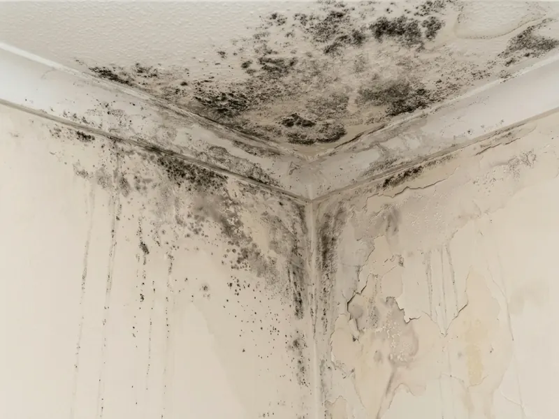 Black mold spreading across a wall and ceiling corner