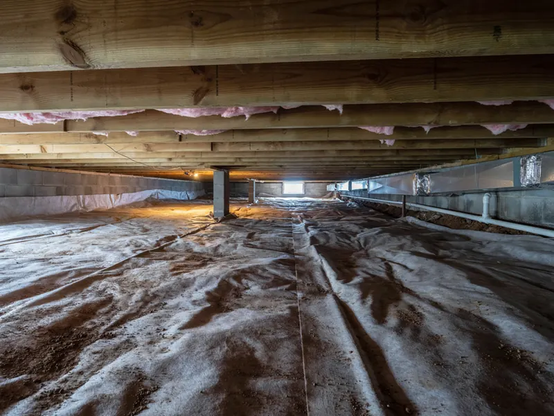 Crawl space with floor joists, insulation and a vapor barrier on the ground