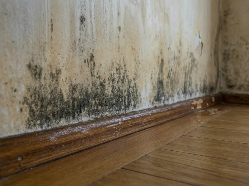 Mold growing on a water-damaged wall above the baseboard