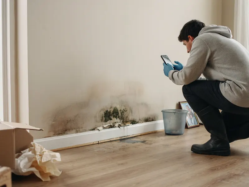 Man photographing mold and water damage on a wall for an insurance claim